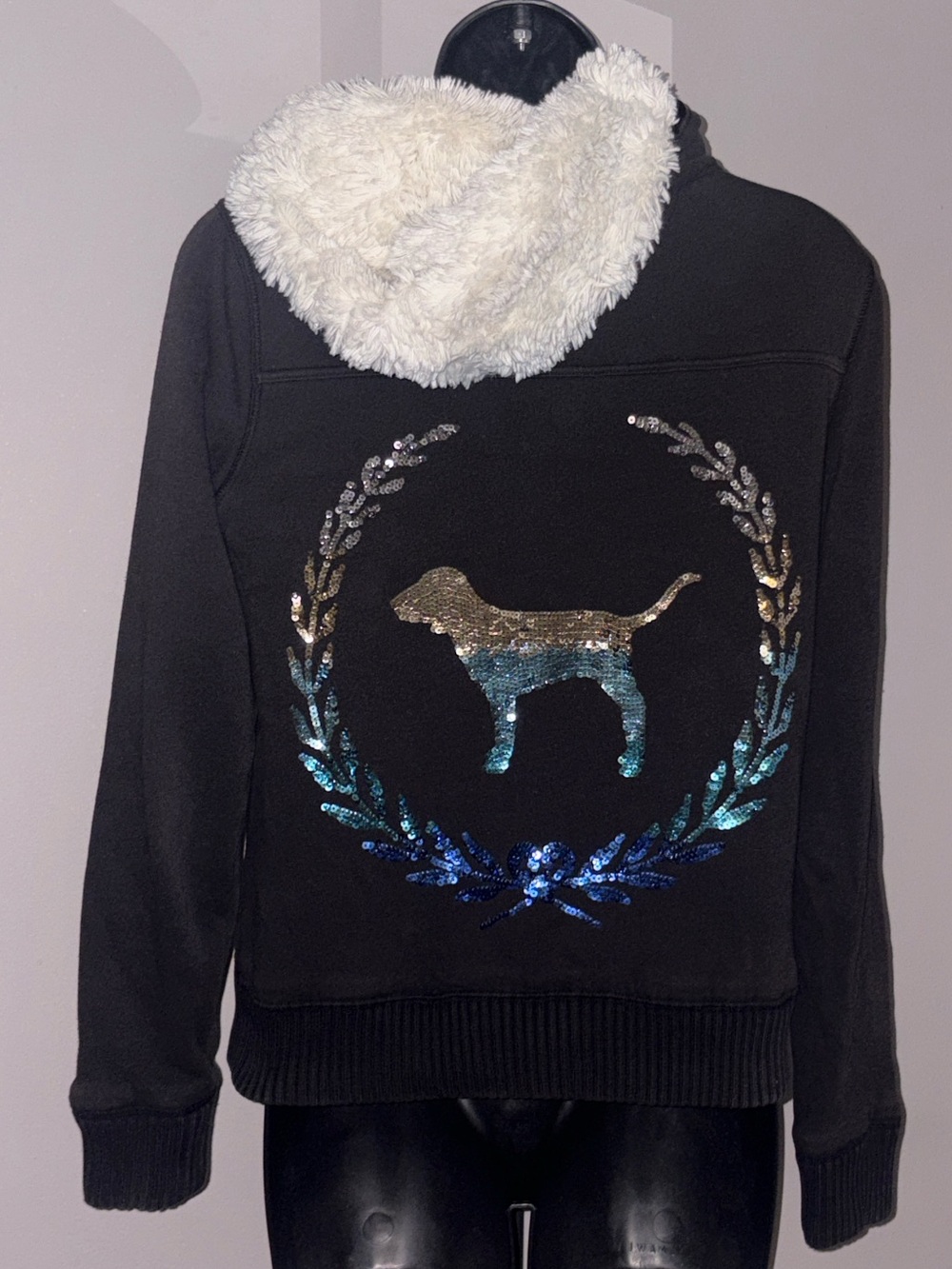 Victorias Secret Pink XS Bling Sequin Faux Fur Lined Black Jacket Hoodie